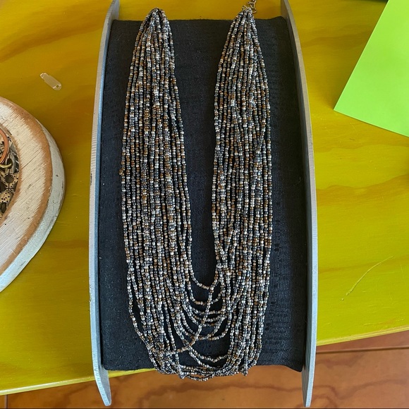 Handmade multi strand glass bead necklace in Silver, metallic blue, and bronze. - Picture 2 of 4